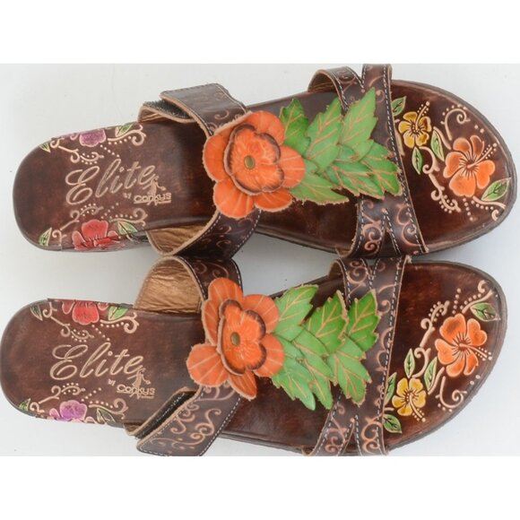 Corkys Hand Painted Floral Leather Slip-On Wedge Heel Sandal Boho Colorful Sz 10 - Picture 6 of 11